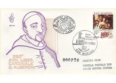 SAN MARINO 1990 FDC (Venetia) Cardinale Alberoni viaggiata