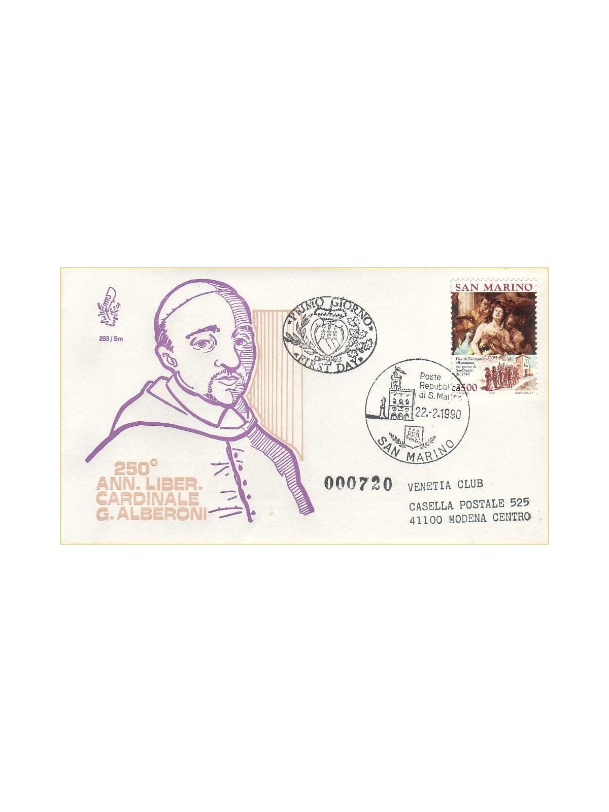 SAN MARINO 1990 FDC (Venetia) Cardinale Alberoni viaggiata