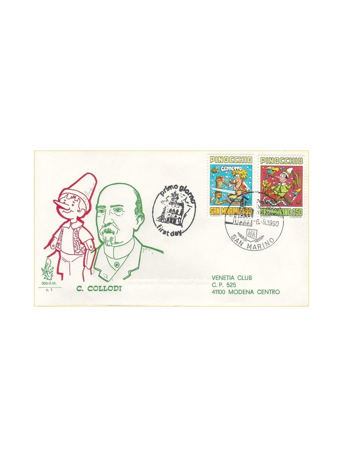 SAN MARINO 1990 FDC (Venetia) Collodi viaggiate