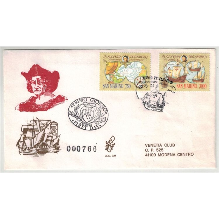 SAN MARINO 1991 FDC (Venetia) Colombo viaggiata