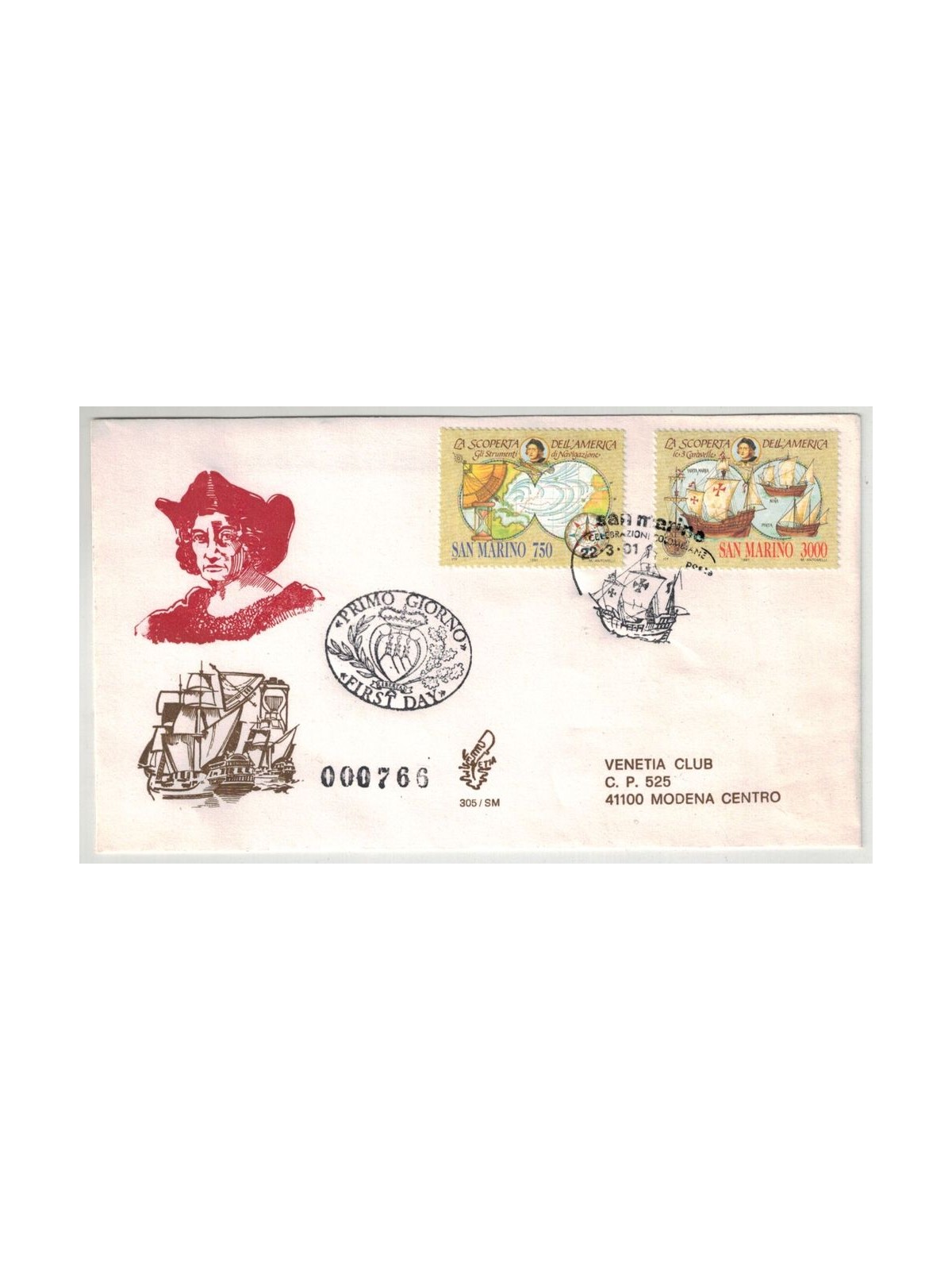 SAN MARINO 1991 FDC (Venetia) Colombo viaggiata