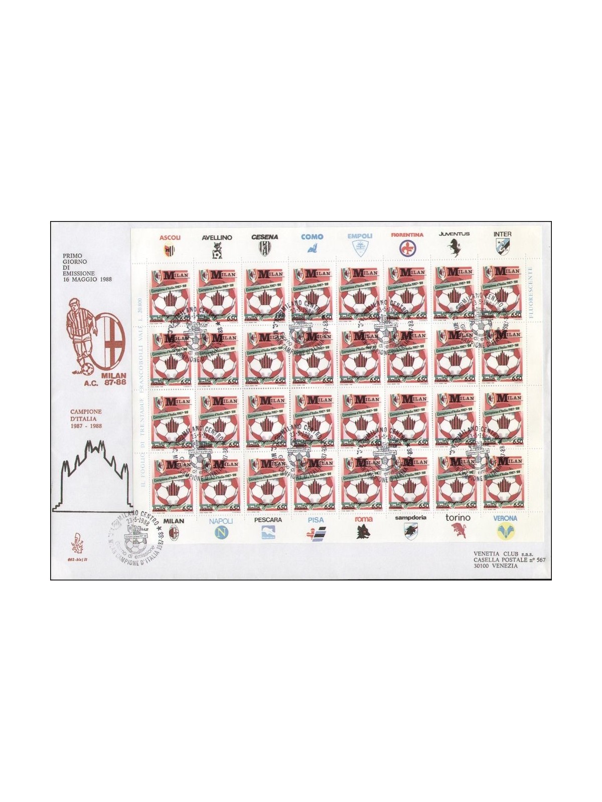 ITALIA 1988 FDC (Venetia) Milan Campione (Bustone)