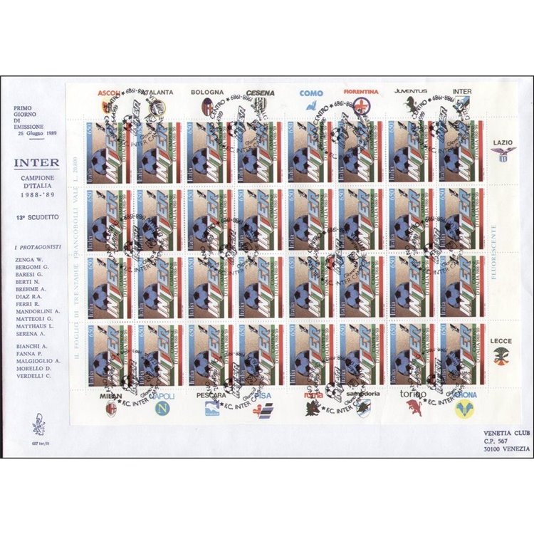 ITALIA 1989 FDC (Venetia) Inter Campione (Bustone)