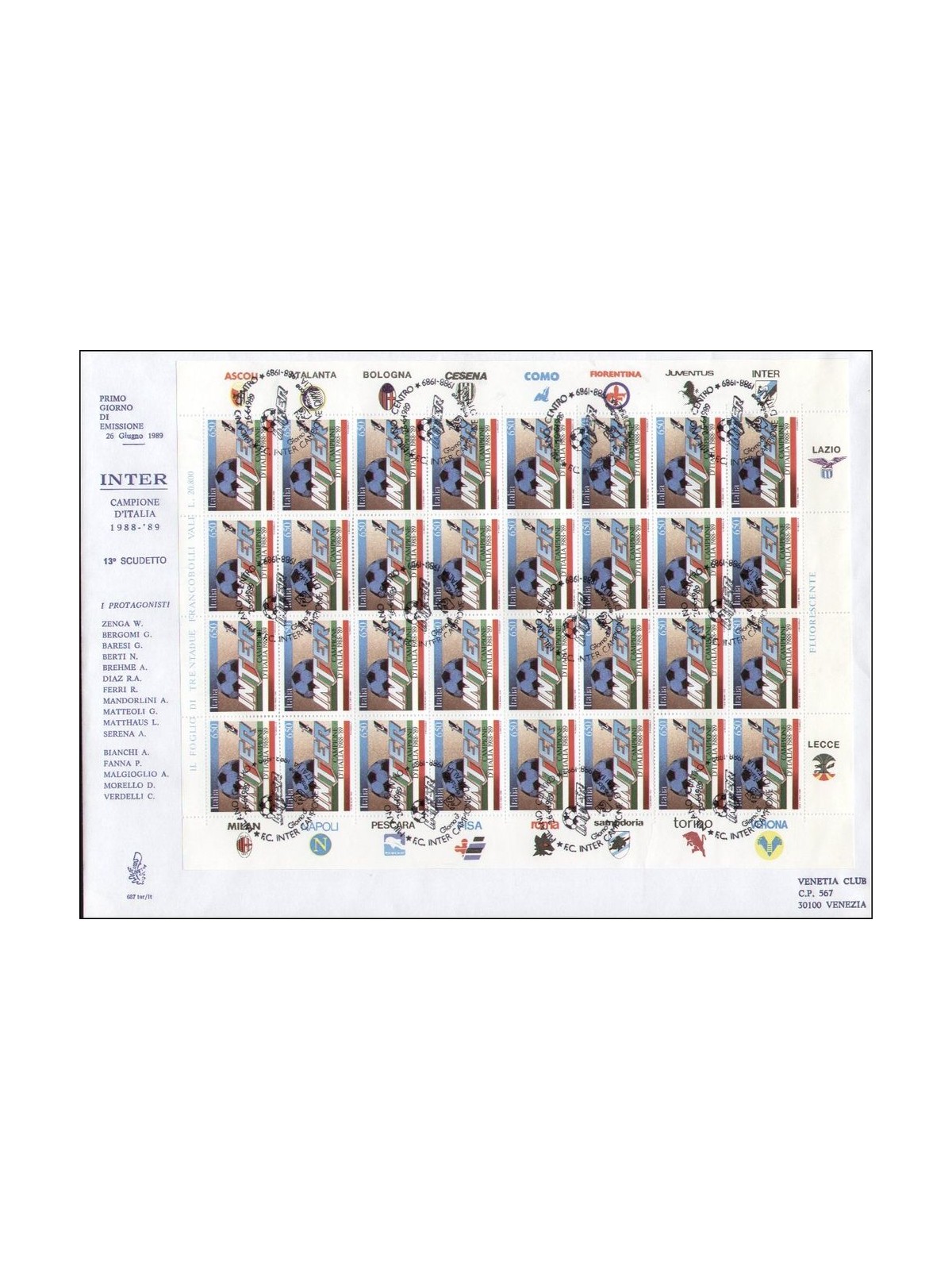 ITALY 1989 FDC (Venice) Inter Champion (Bustone)