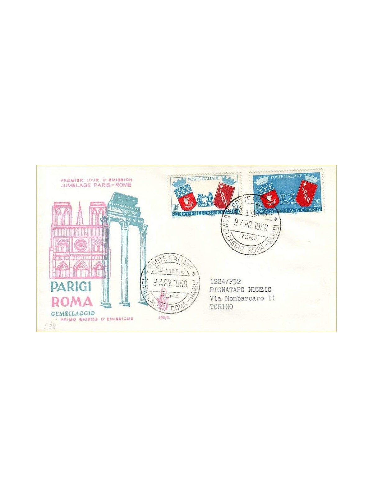 ITALIA 1959 FDC (Venetia) Gemellaggio Roma Parigi