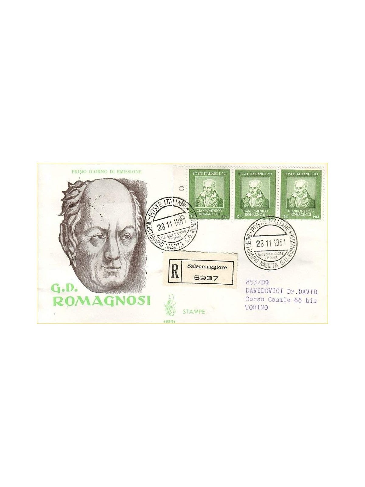 ITALY 1961 FDC (Venice) Romagnosi collection
