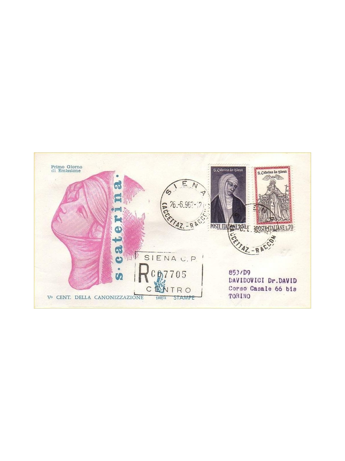 ITALIA 1962 FDC (Venetia) Santa Caterina racc