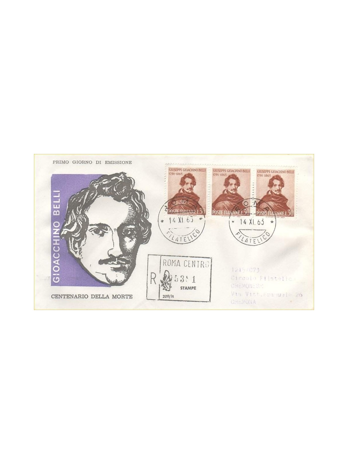 ITALY 1963 FDC (Venice) Gioachino Belli collection