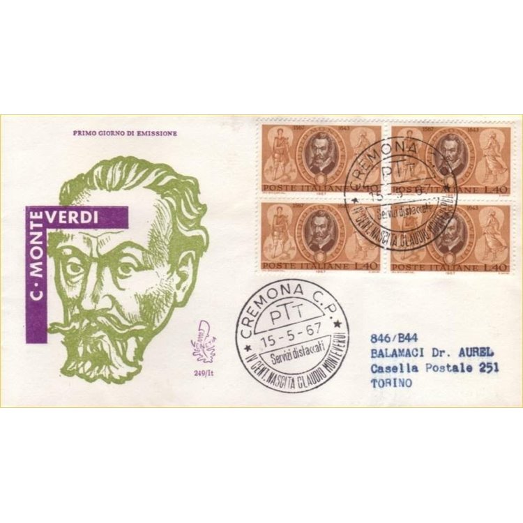 ITALY 1967 FDC (Venetia) Claudio Monteverdi rec