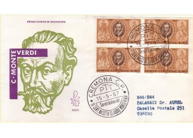 ITALY 1967 FDC (Venetia) Claudio Monteverdi rec