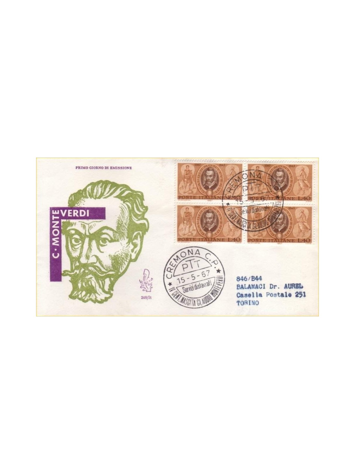 ITALY 1967 FDC (Venetia) Claudio Monteverdi rec