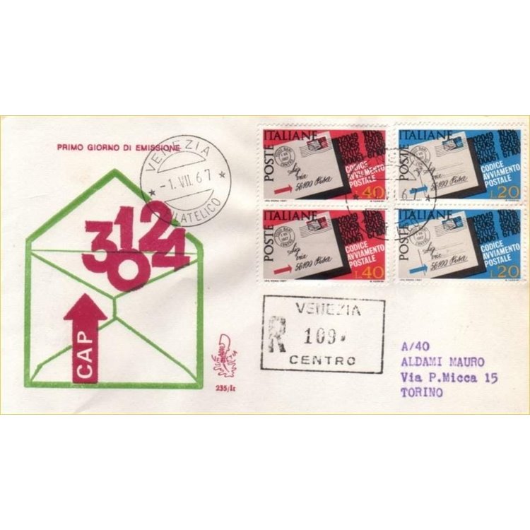 ITALY 1967 FDC (Venice) Postal Code registered