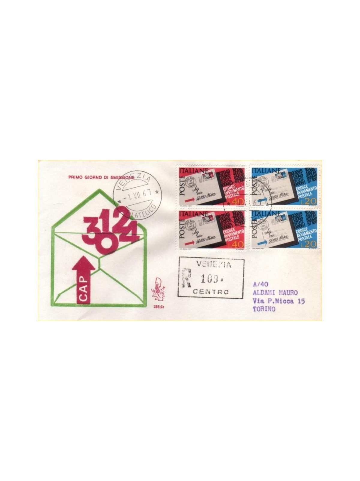 ITALIA 1967 FDC (Venetia) Codice Avviamento Postale racc