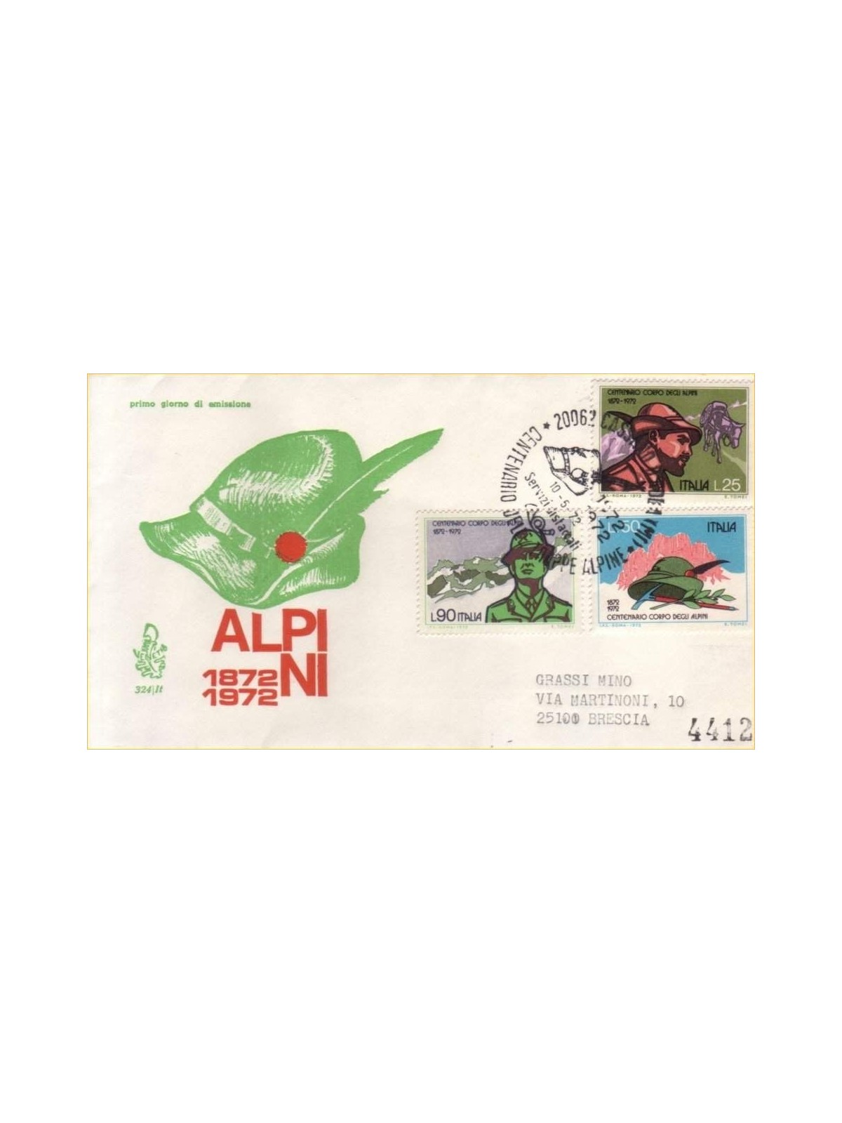 ITALIA 1972 FDC (Venetia) Corpo degli alpini racc