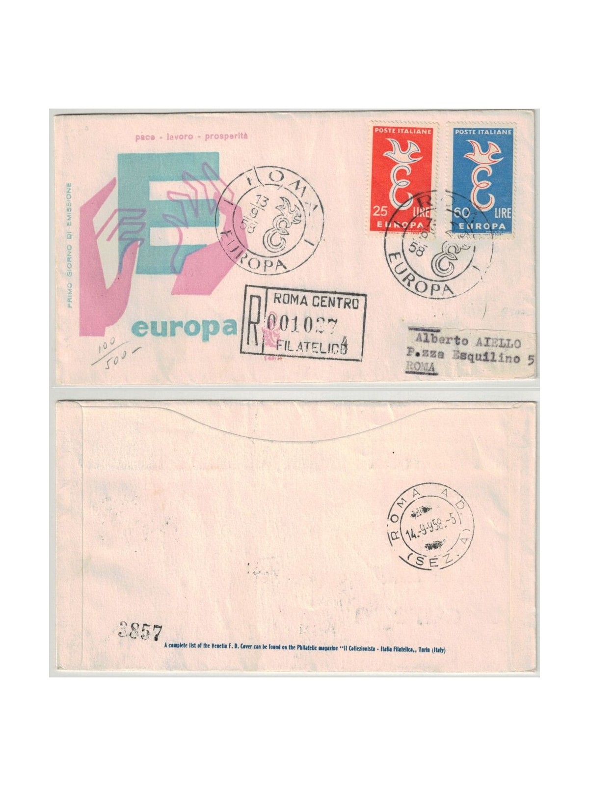 ITALIA 1958 FDC (Venetia) Europa Cept racc
