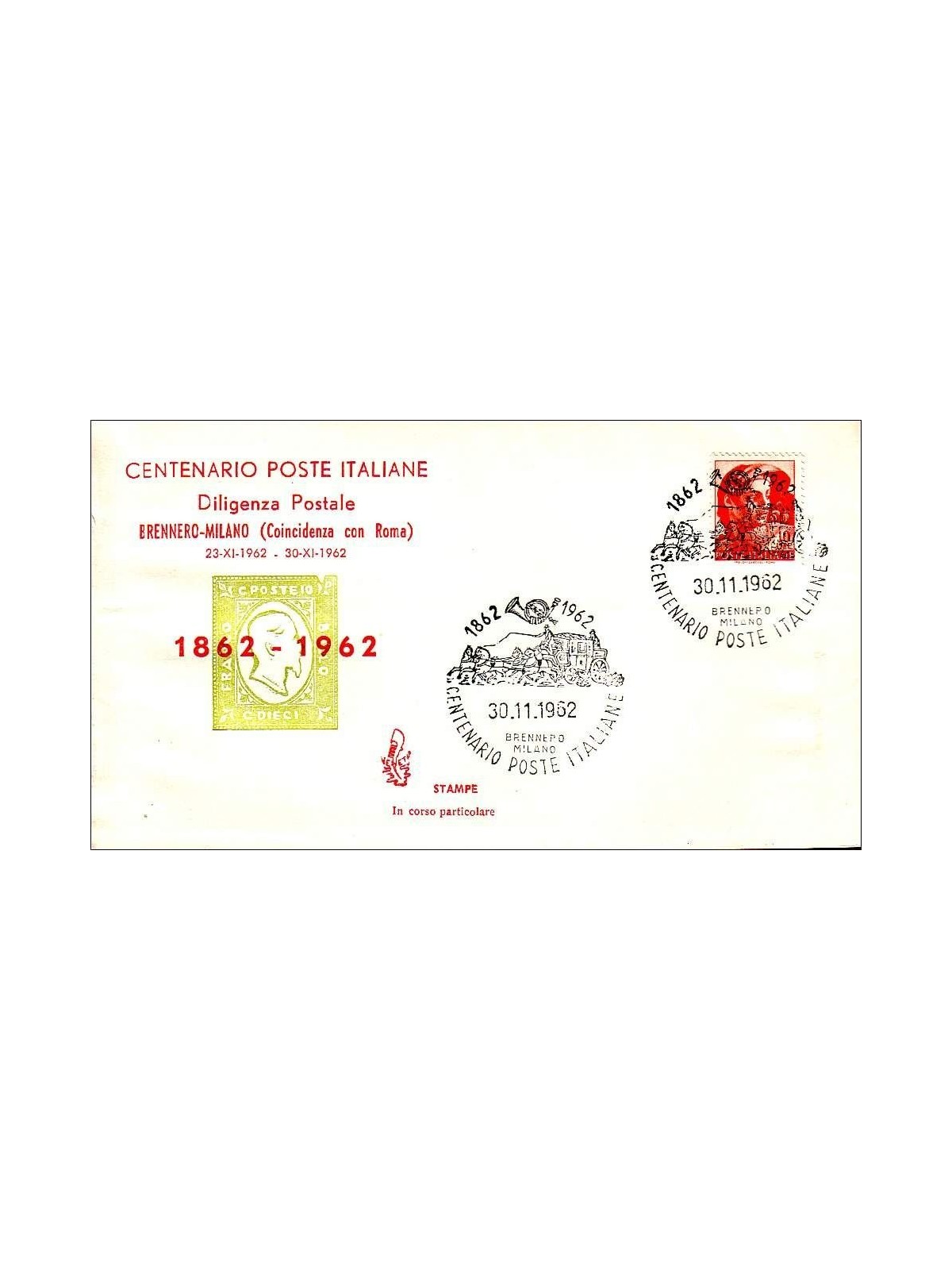 ITALIA 1962 FDC (Venetia) Diligenza postale Brennero-Milano