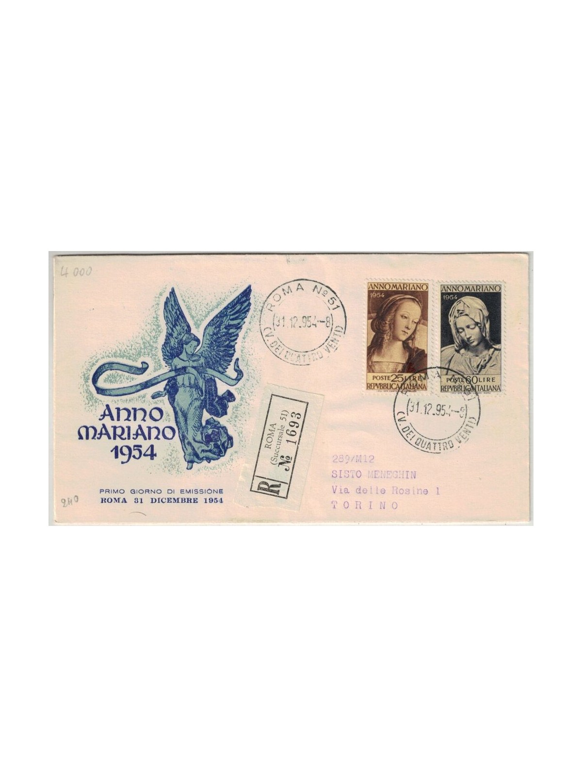 ITALIA 1954 FDC (Venetia) Anno Mariano racc
