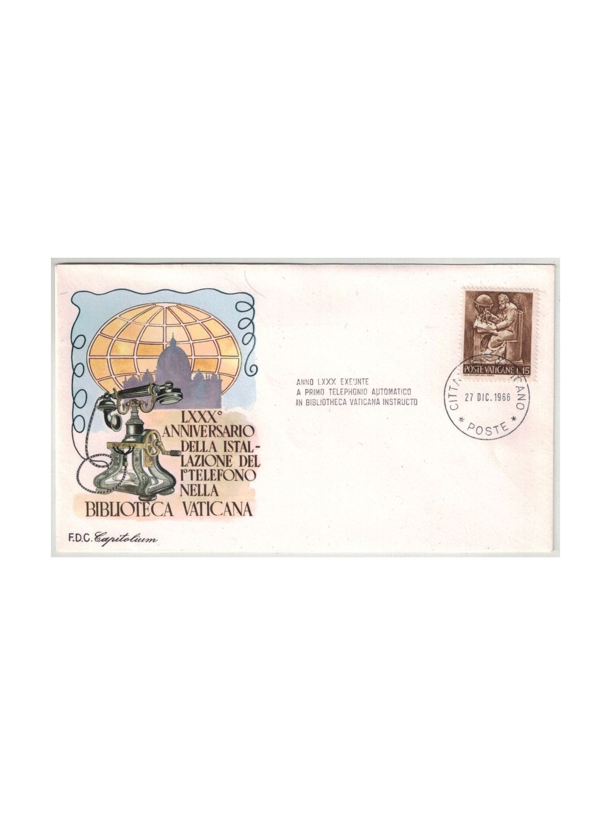 FDC VATICANO 1966 1° telefono nella biblioteca vaticana 1 Busta Capitolium