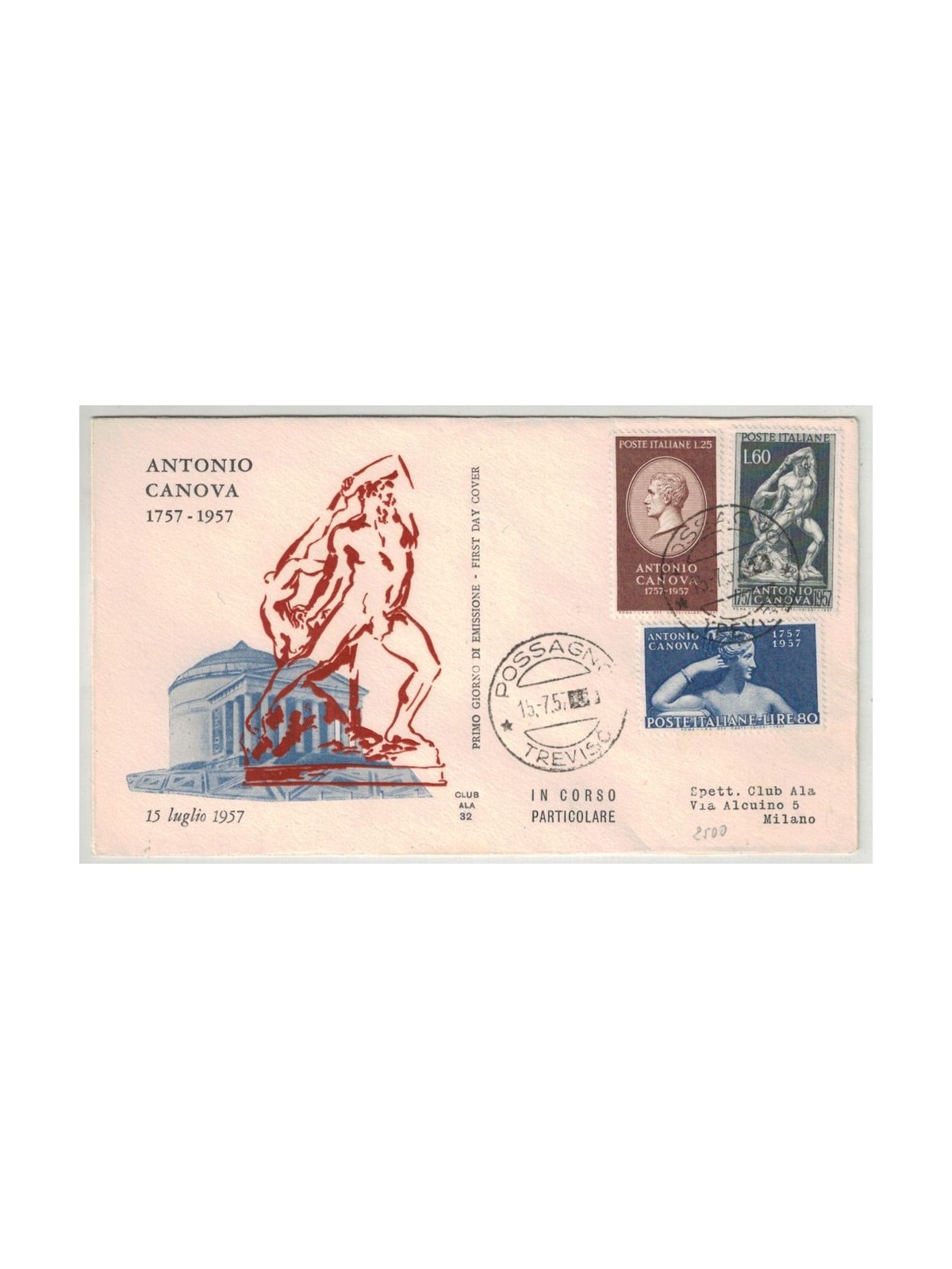 ITALY 1957 FDC (Wing) FDC (Wing) Antonio Canova