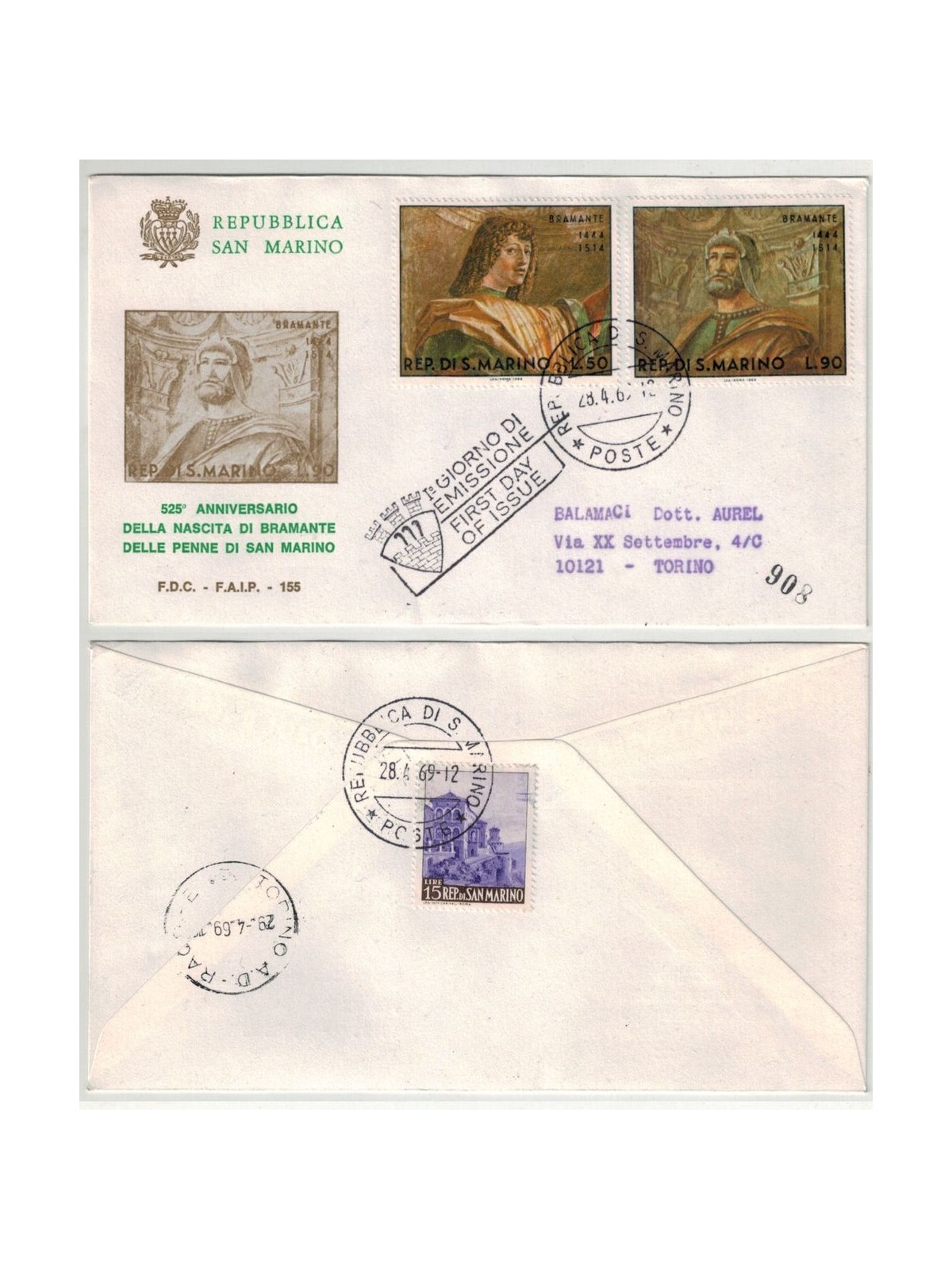 FDC SAN MARINO 1969 Bramante 1 FAIP Envelope
