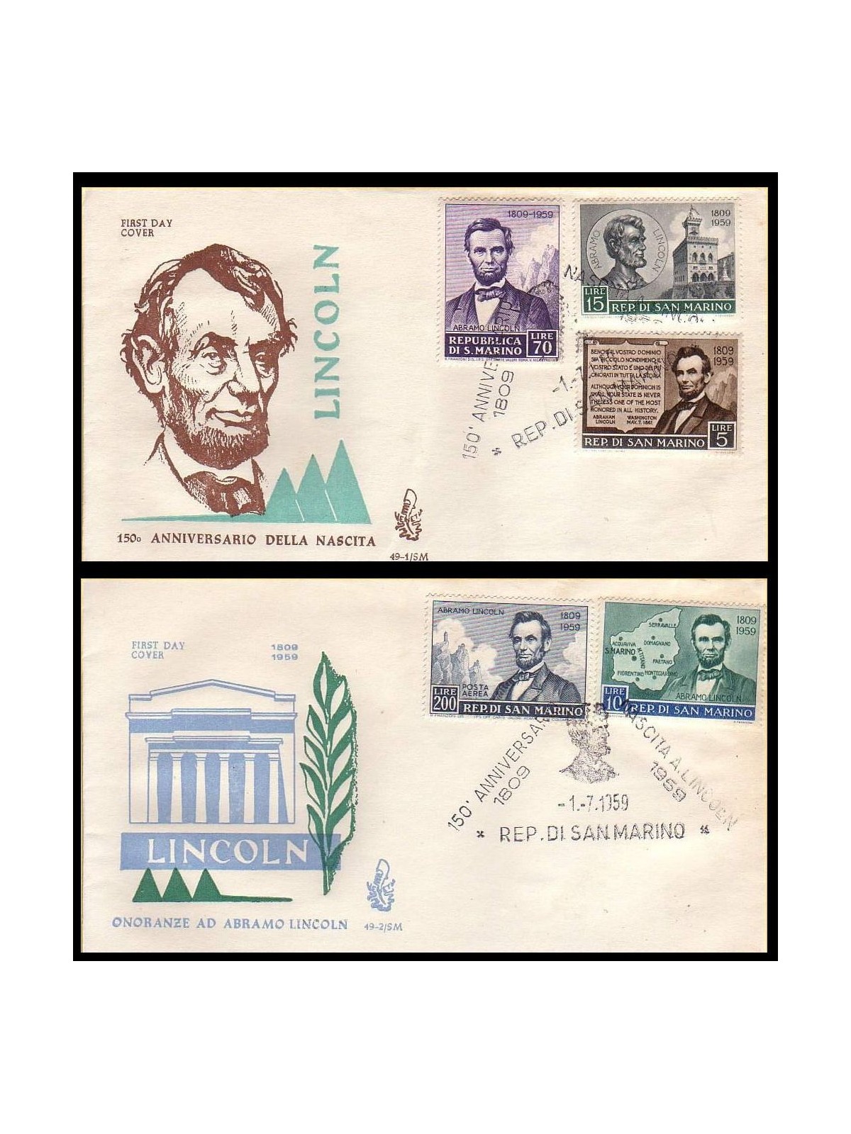 SAN MARINO 1959 FDC (Venice) Abraham Lincoln
