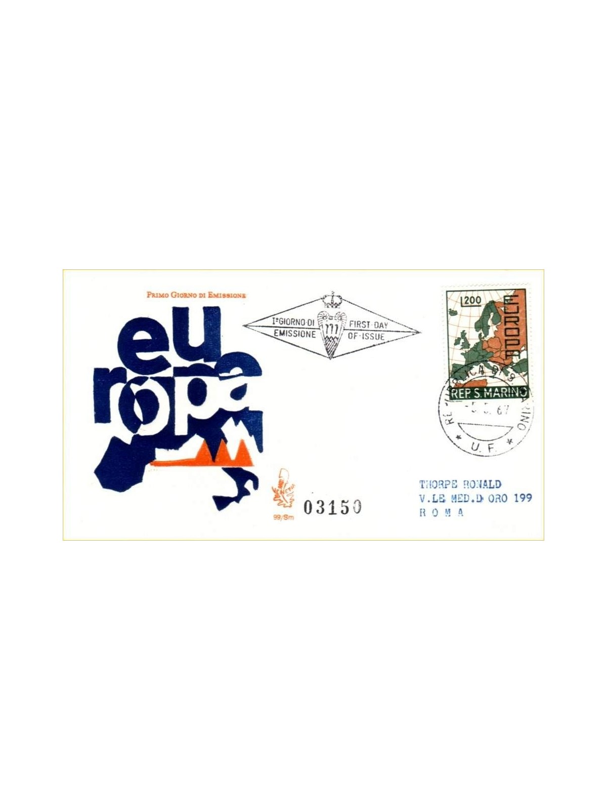 SAN MARINO 1967 FDC (Venetia) Europa racc