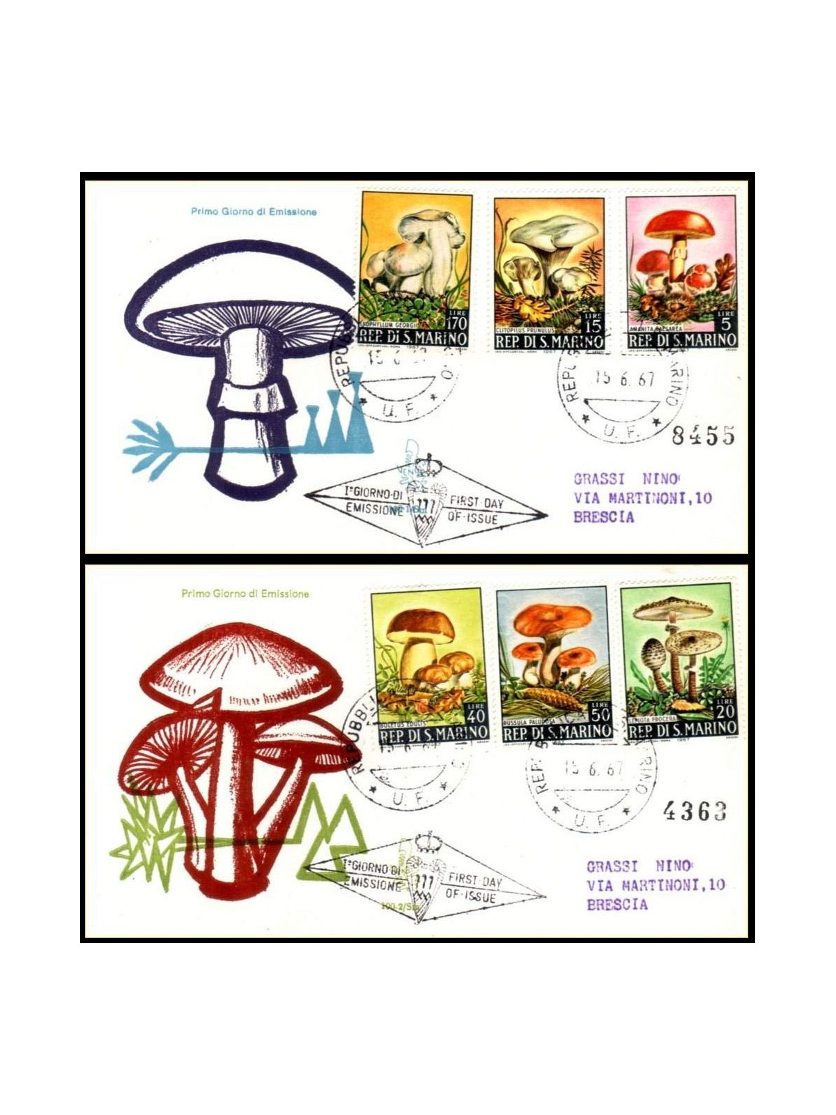 SAN MARINO 1967 FDC (Venezia) Mushrooms collected