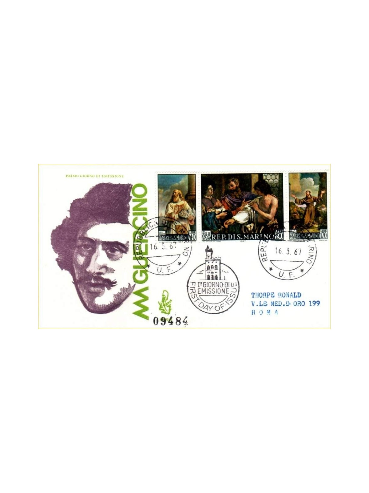 SAN MARINO 1967 FDC (Venice) Guercino collection