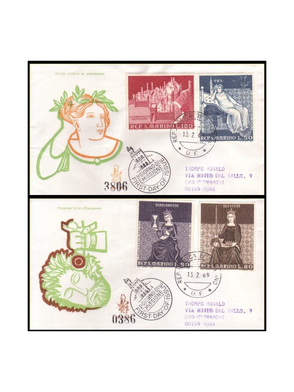 SAN MARINO 1969 FDC (Venice) Ambrogio Lorenzetti collection