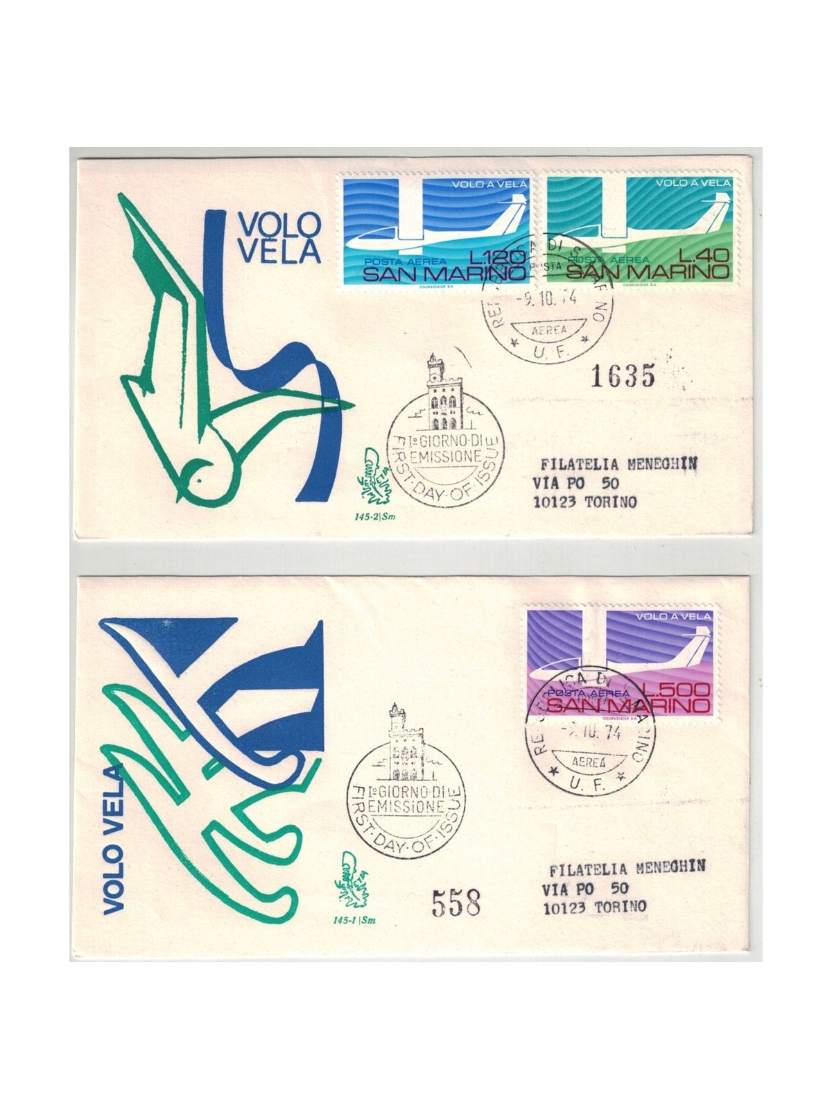 SAN MARINO 1974 FDC (Venetia) Volo a vela racc