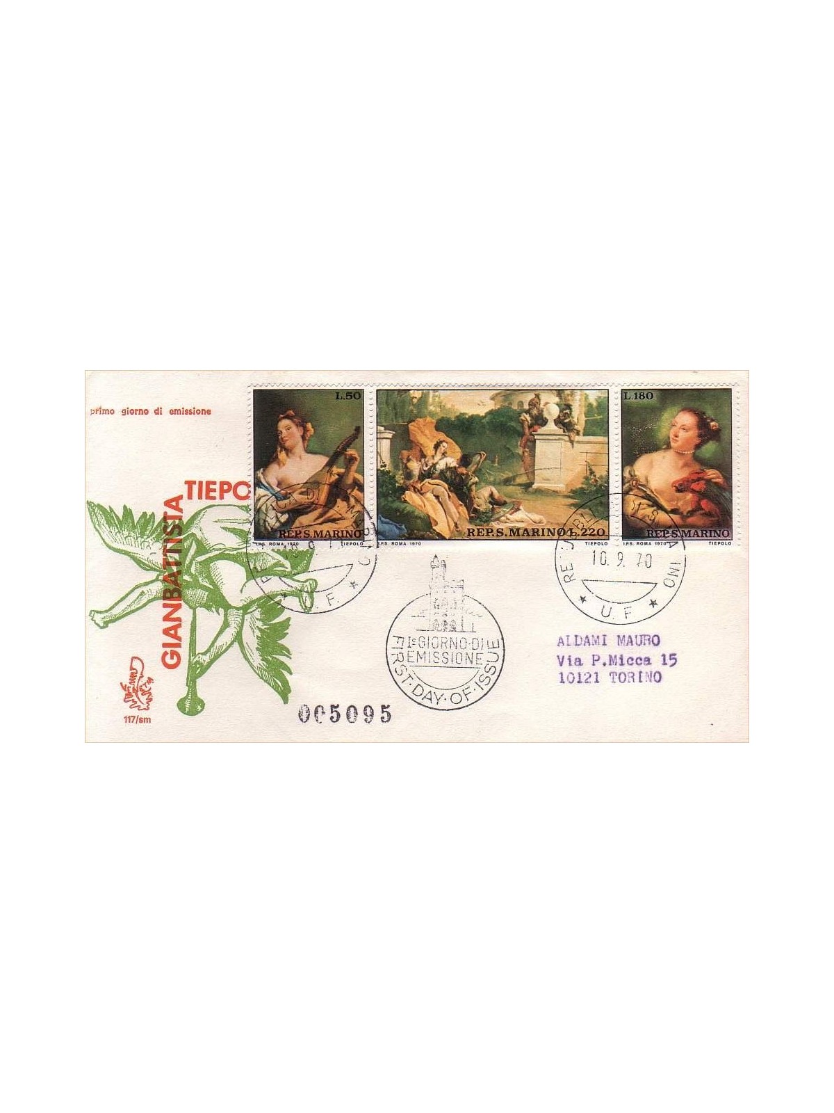 SAN MARINO 1970 FDC (Venice) Gianbattista Tiepolo collection