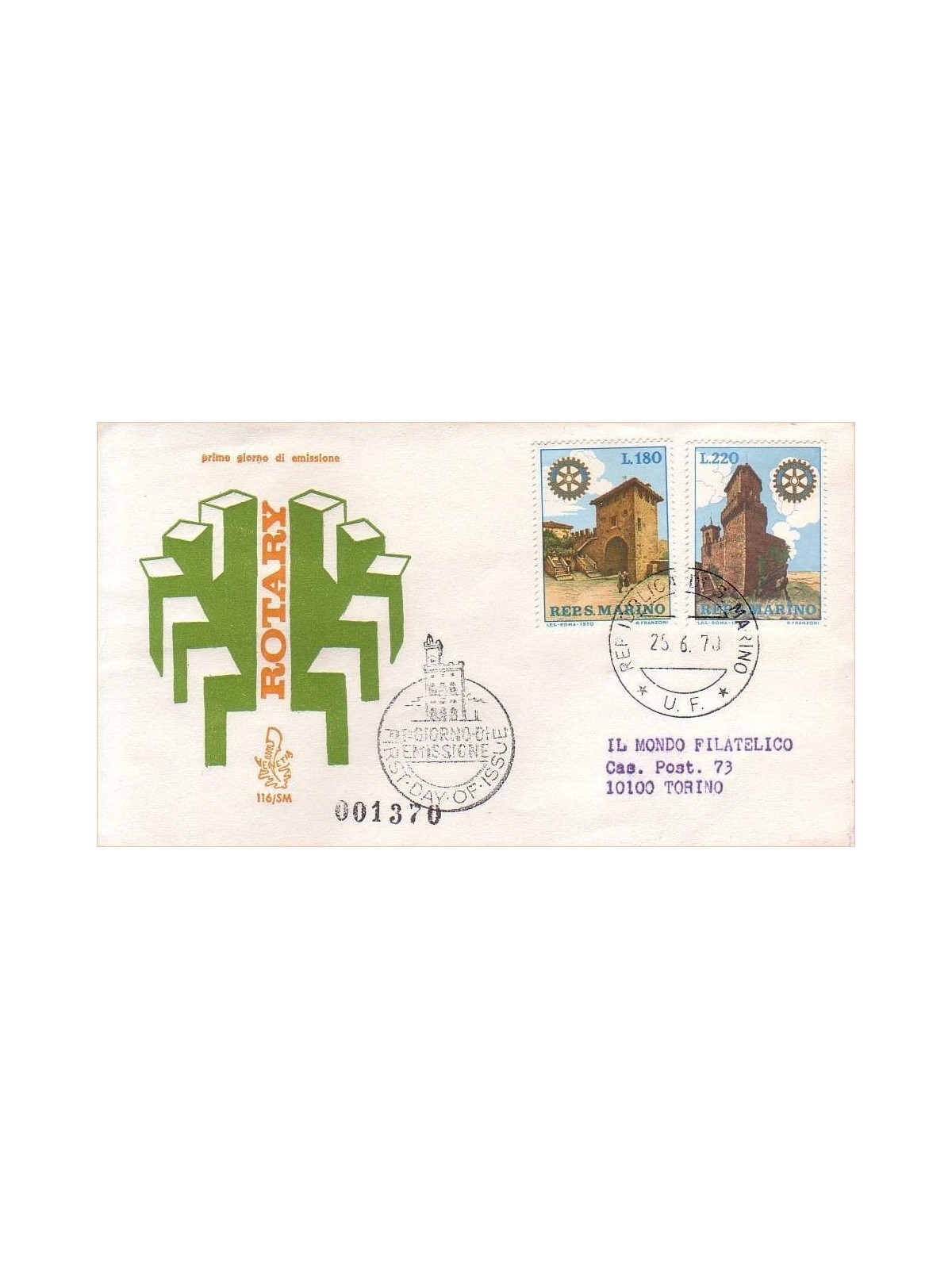 SAN MARINO 1970 FDC (Venetia) Rotary international racc