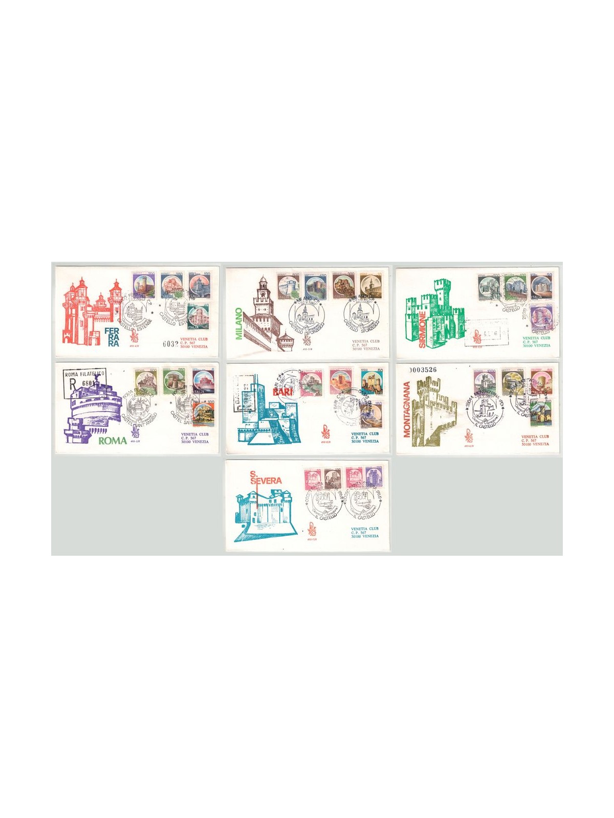 ITALIA 1980 FDC (Venetia) Castelli d'Italia 7 Buste Venetia viagg
