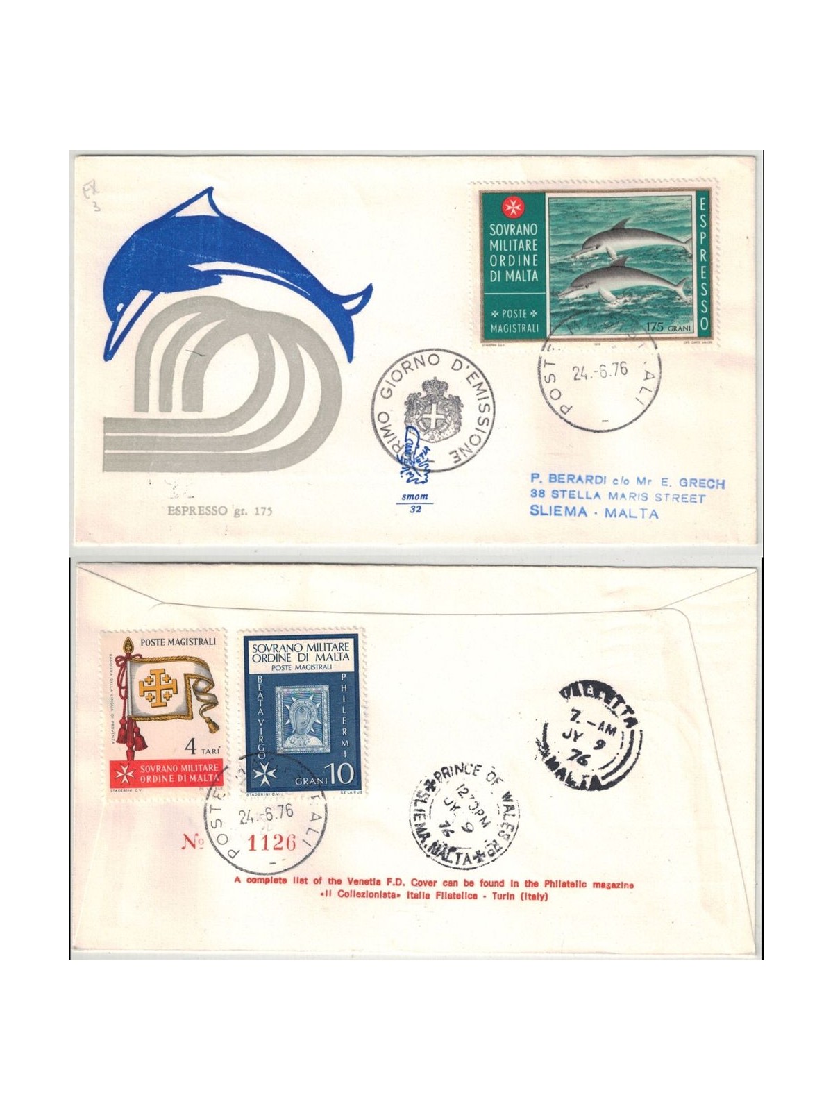 SMOM 1976 FDC (Venetia) Epresso - Delfini racc