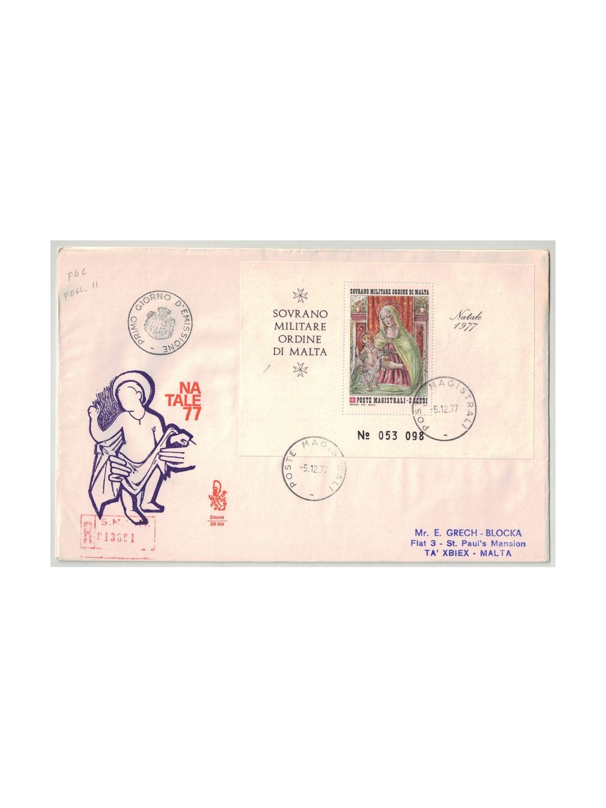 SMOM 1977 FDC (Venetia) Natale BF racc