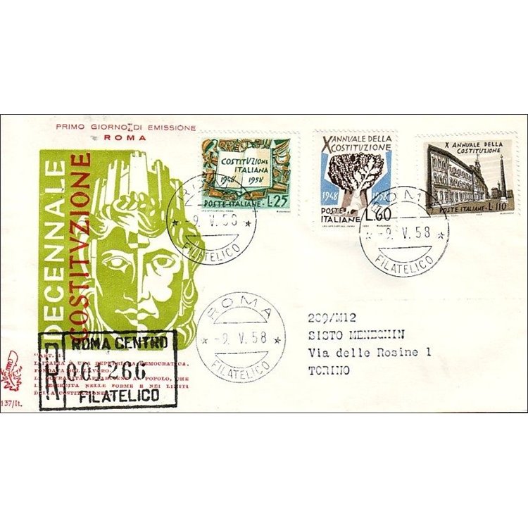 ITALY 1958 FDC (Venice) Tenth Anniversary of the Constitution