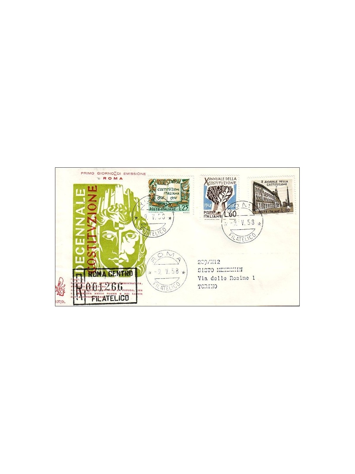 ITALIA 1958 FDC (Venetia) Decennale Costituzione racc