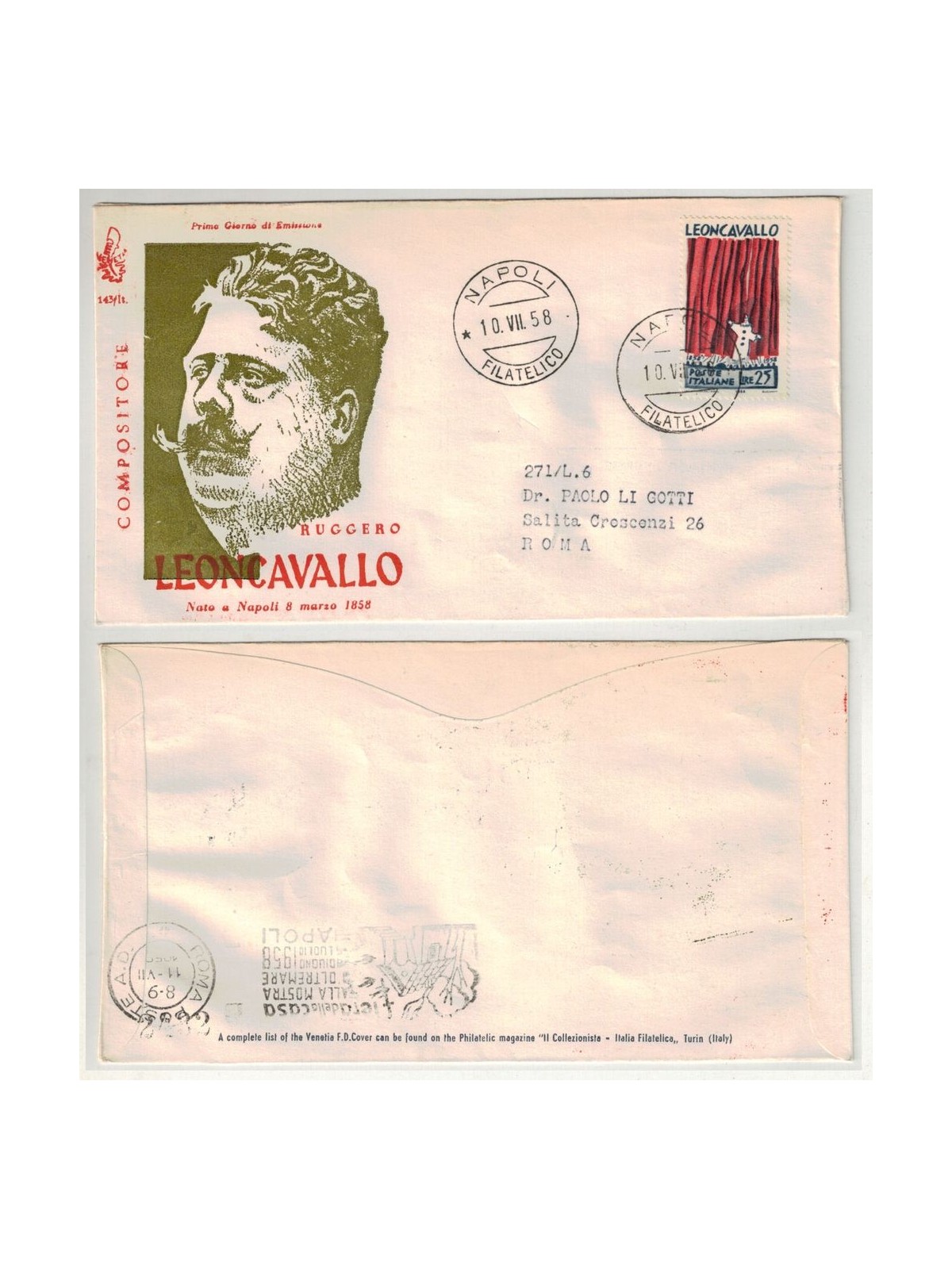ITALIA 1958 FDC (Venetia) Ruggero Leoncavallo
