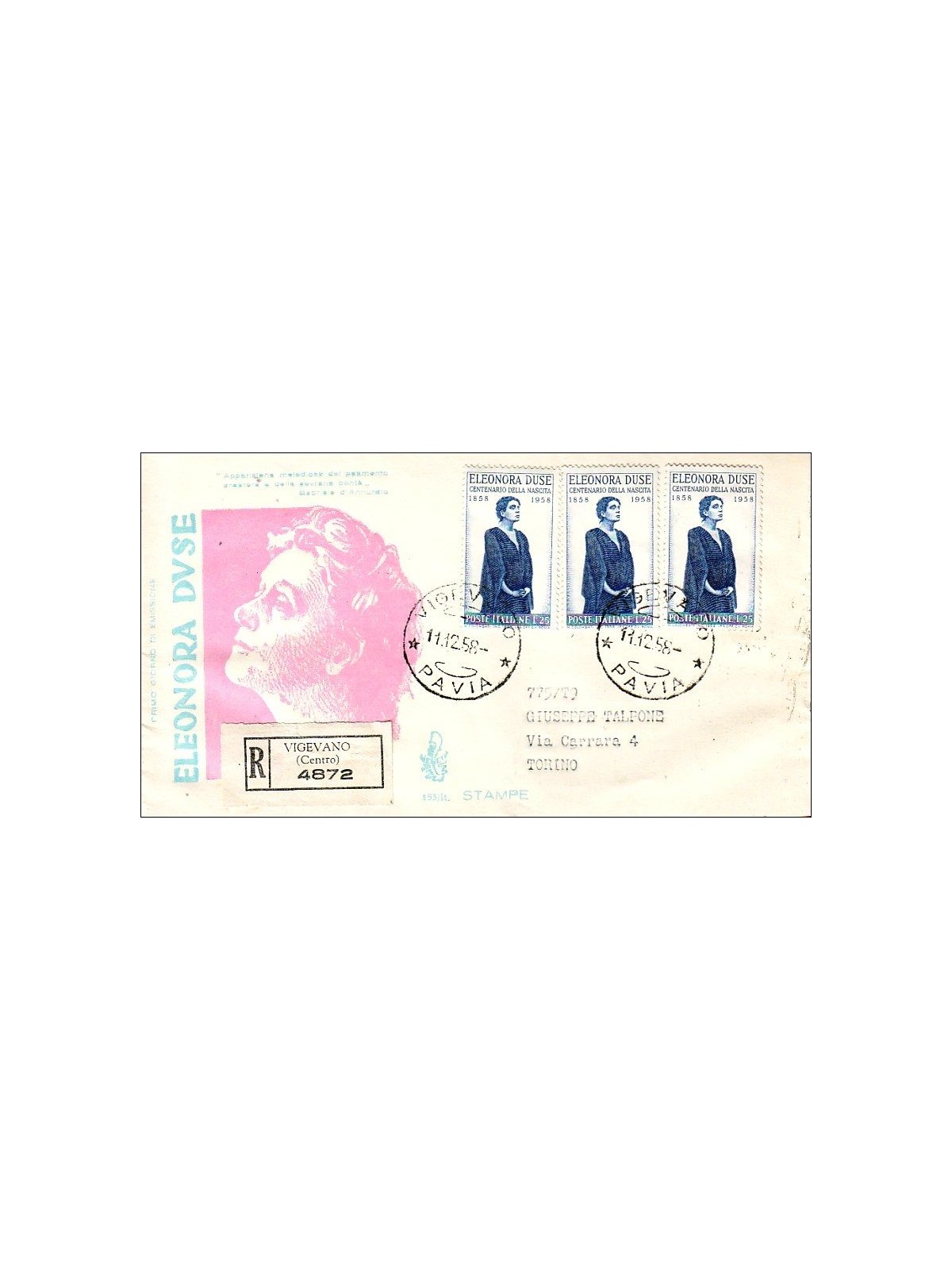 ITALY 1958 FDC (Venice) Eleonora Duse collection