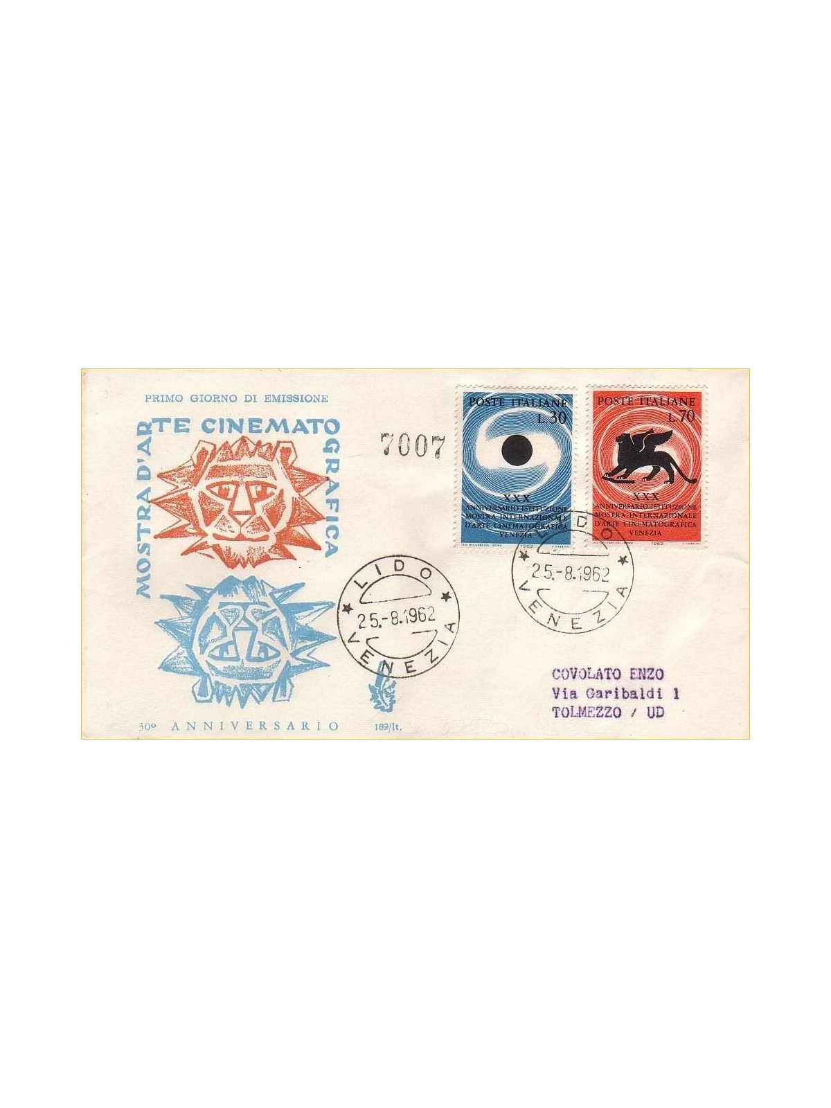 ITALY 1962 FDC (Venice) Film Exhibition collected