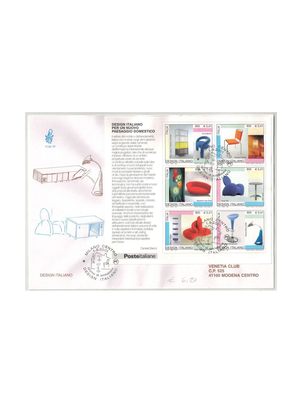 ITALY 2001 FDC (Venice) Italian design s/s