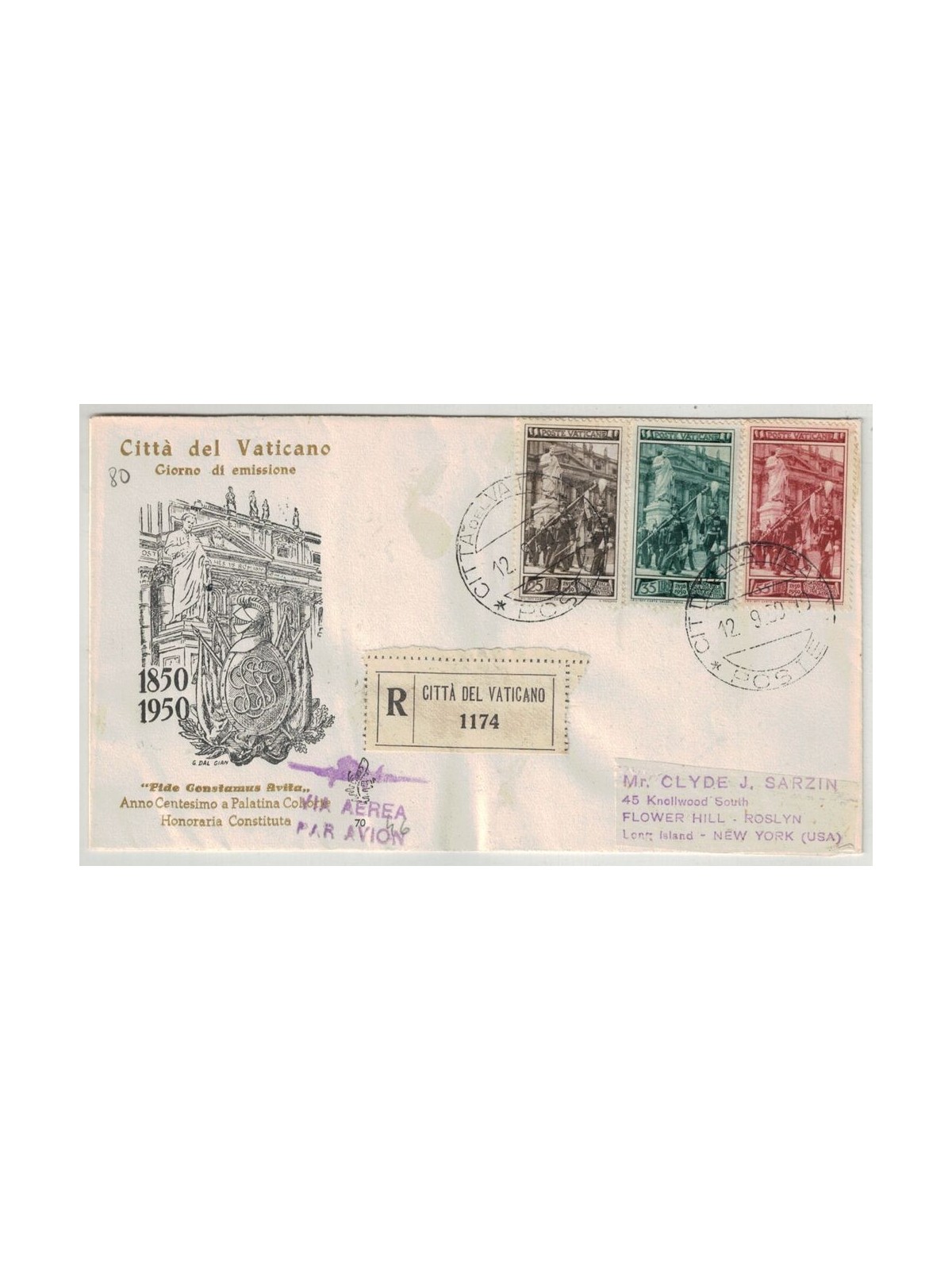 VATICAN 1950 FDC (Venice) Palatine Guard traveled abroad