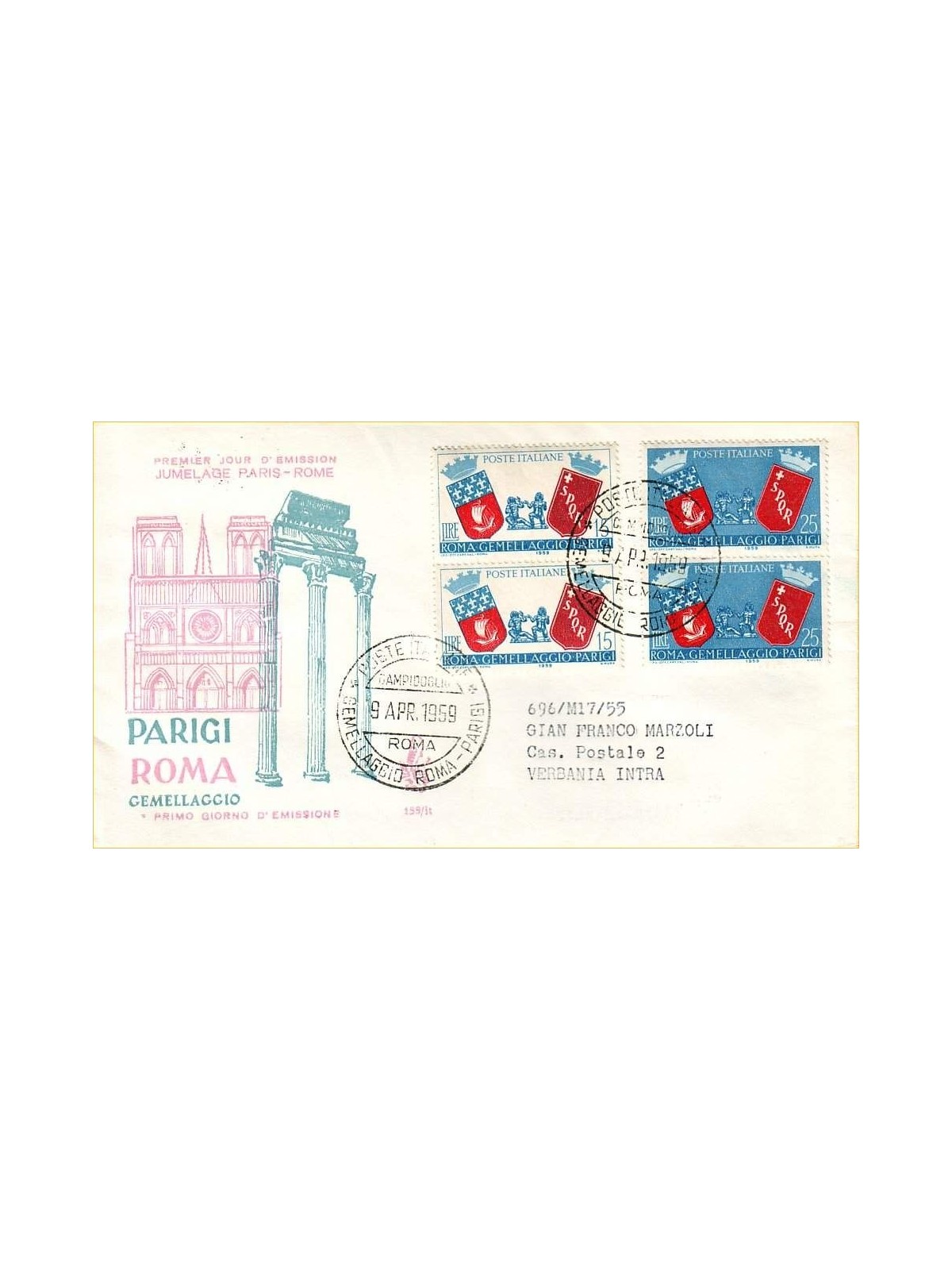 ITALIA 1959 FDC (Venetia) Gemellaggio Roma-Parigi