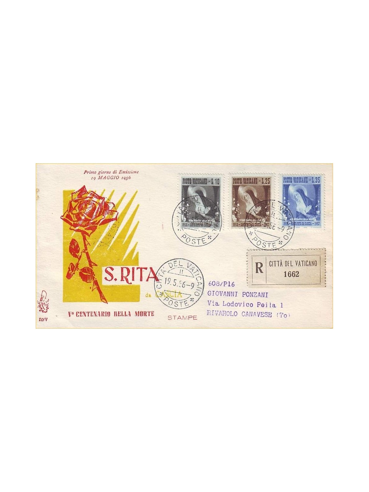 VATICAN 1956 FDC (Venice) Saint Rita of Cascia collected