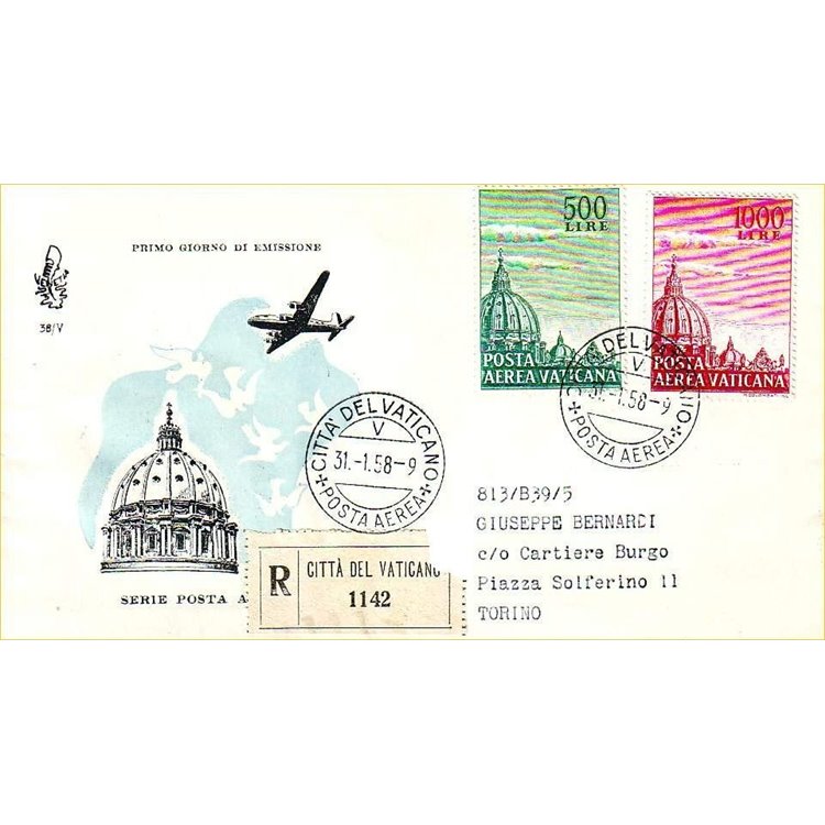 VATICAN 1958 FDC (Venice) Domes, registered airmail