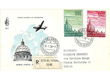 VATICAN 1958 FDC (Venice) Domes, registered airmail
