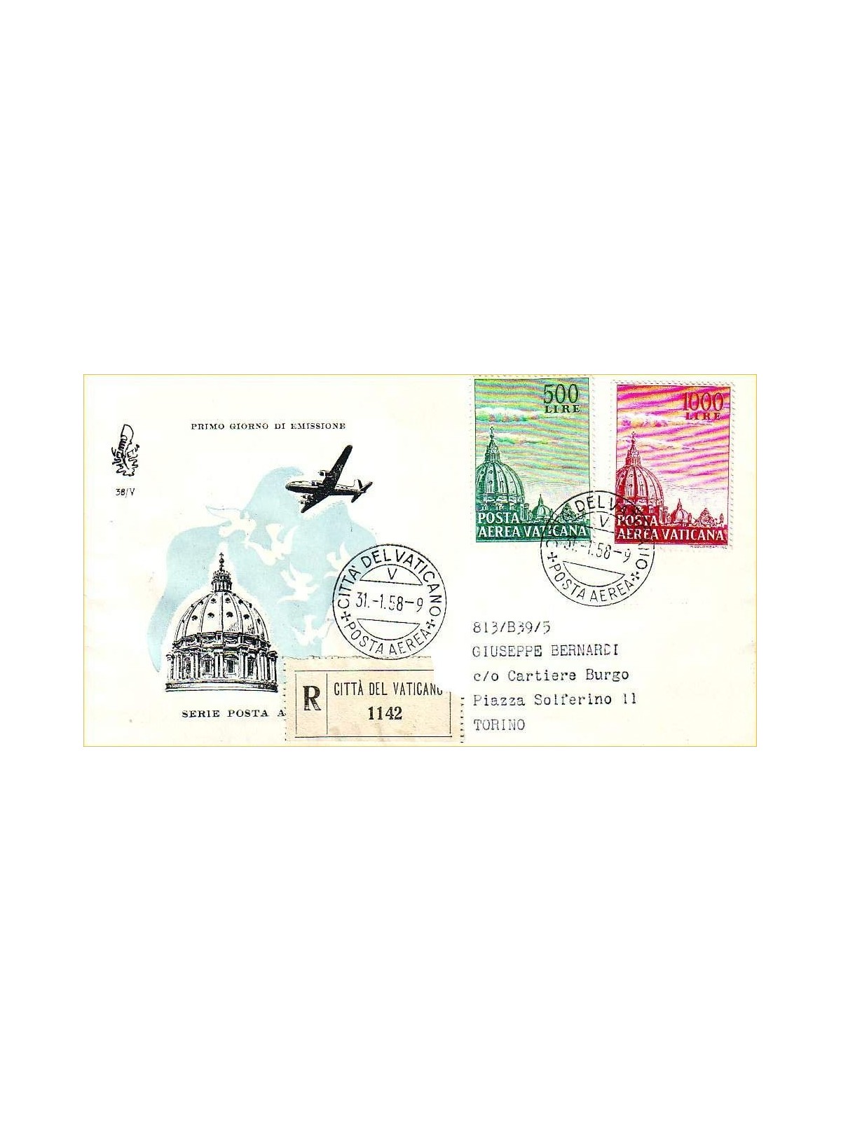 VATICAN 1958 FDC (Venice) Domes, registered airmail