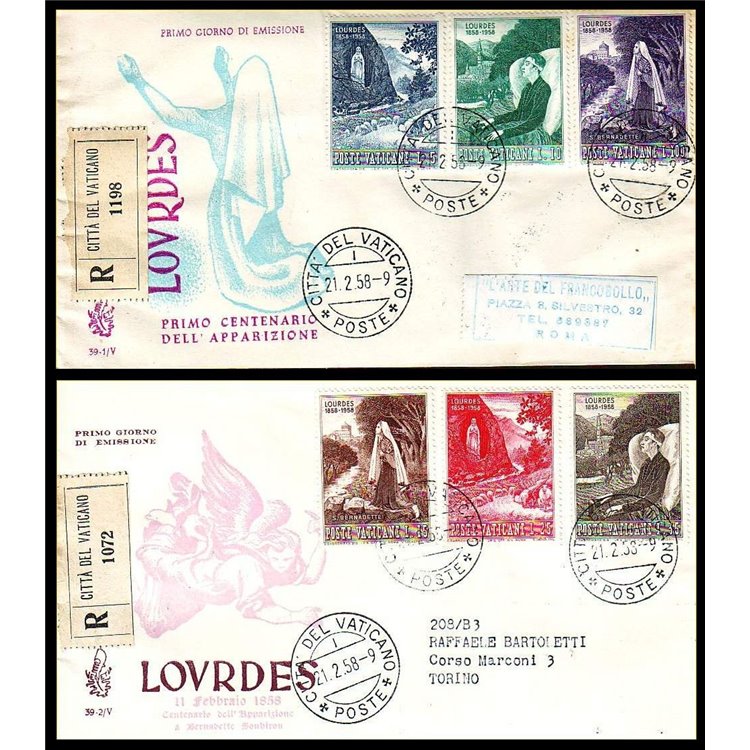 VATICANO 1958 FDC (Venetia) Apparizione Vergine a Lourdes racc