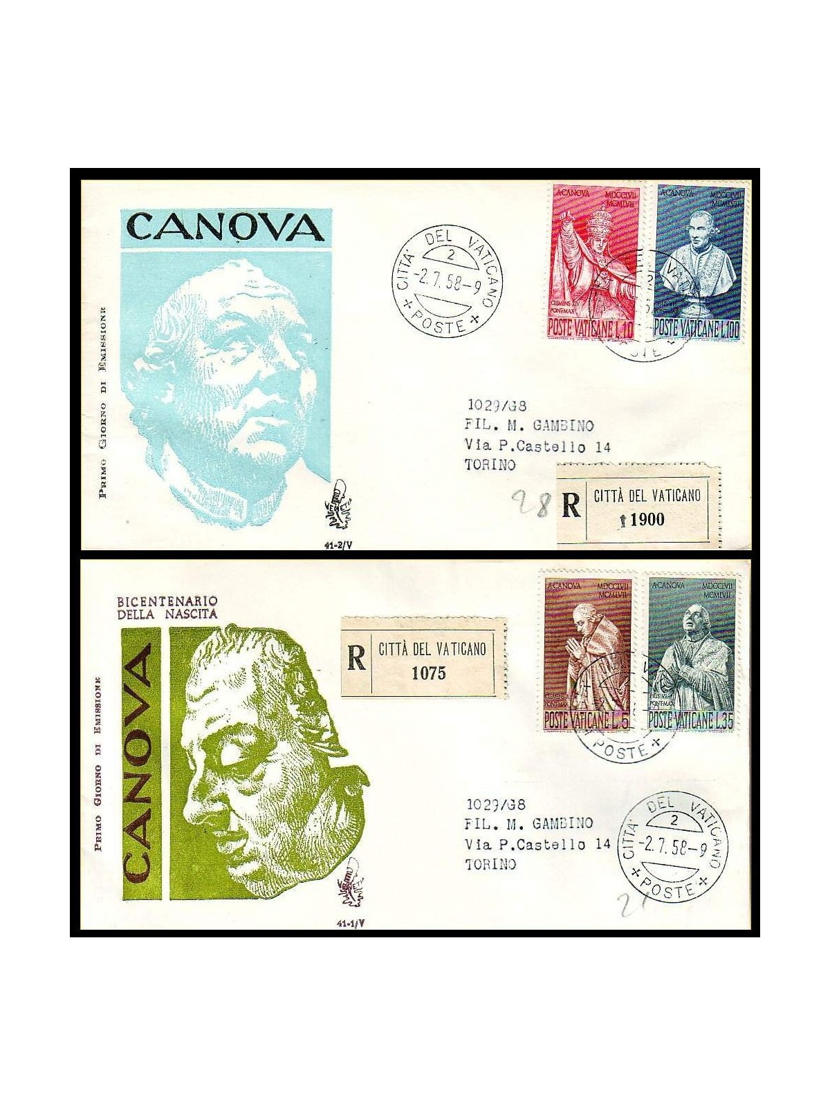 VATICANO 1958 FDC (Venetia) Antonio Canova racc