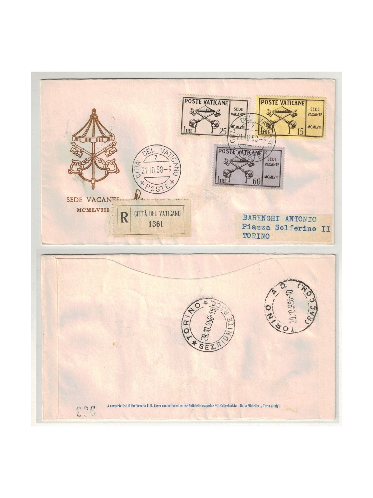 VATICAN 1958 FDC (Venice) Sede vacante recc